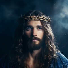 Portrait of Jesus with crown of thorns on blue background, photo generated with AI. Religion