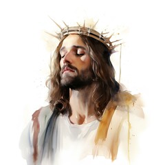 Portrait of Jesus with crown of thorns on white background, watercolor illustration generated with AI. Religion