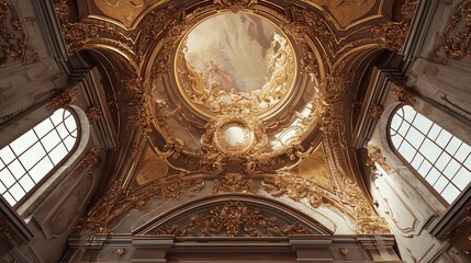 Obraz premium Abstract ornamental vintage aesthetics marble framed wall hanging, in the style of intricate frescoes ceiling design. Luxurious baroque style patchwork patterns. Decorative borders with gold.