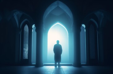 Muslim man praying in the mosque with dark blue background
