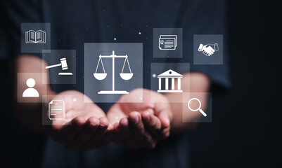 Legal advice business concept. Person holding virtual law icon for business legal advice, Labor law, Lawyer, Attorney at law.