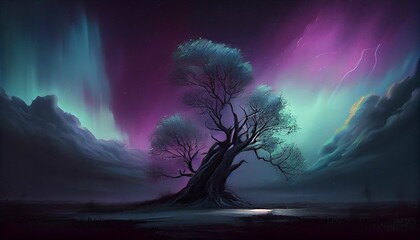 AI generated illustration of majestic aurora borealis in the night sky above a stunning landscape