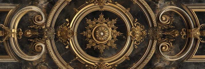 Obraz premium Abstract ornamental vintage aesthetics marble framed wall hanging, in the style of intricate frescoes ceiling design. Luxurious baroque style patchwork patterns. Decorative borders with gold.