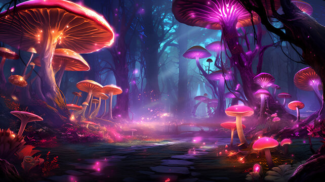 Glowing Enchantment: Digital Artwork Illuminating a Magical Forest with Bioluminescent Mushrooms and Glistening Crystals