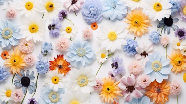 Fresh summer flowers on white fashion photography, instagram floral flat lay photo, flower heads pattern, tender pastel flowers photo, generative ai, generative, ai