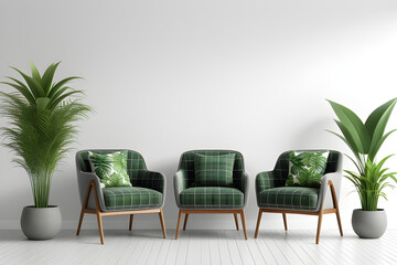 Fototapeta na wymiar Simple urban jungle style interior with gray chairs, green plaid, tropical pattern pillows and plants on white wall background. 3D rendering.
