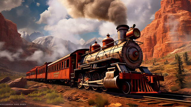 Frontier Journey: Digital Artwork Embracing the Spirit of the Wild West, Featuring a Majestic Train Against Untamed Landscapes