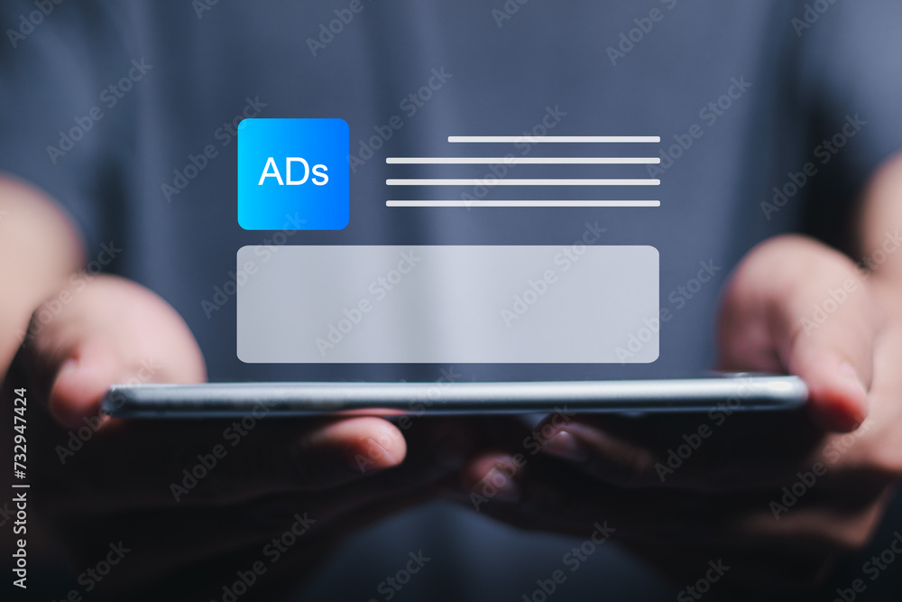 Poster digital marketing and online advertising to targeted customers. person use smartphone with ads on we