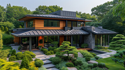 Obraz premium corrugated metal roof installed in a modern house. Corrugated metal roof Modern roof made of metal Metal sheet roof,generative ai