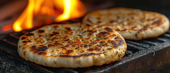 Foto op Plexiglas two flat breads are cooking on a grill over a fire © Masum