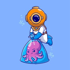 Cute Diver Catching Octopus With Plastic Bag Cartoon Vector Icon Illustration Science Animal Flat
