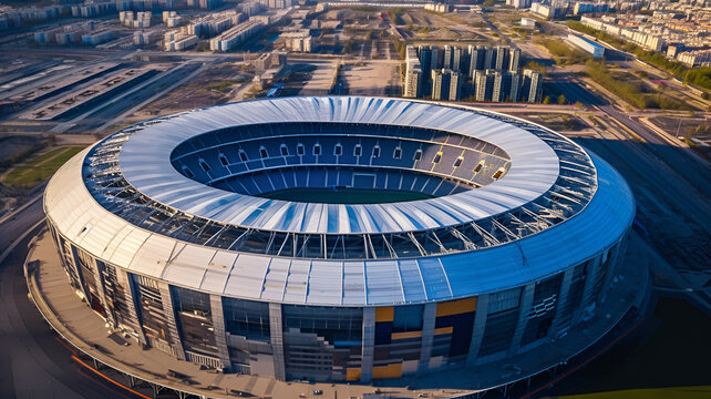 Elevated Excitement: Aerial Photograph of Football Stadium, Capturing Grandeur and Electrifying Atmosphere