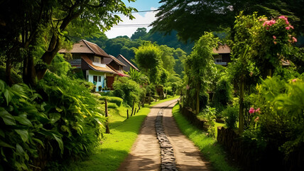 Tranquil Village Path: Photograph Showcasing Serene Countryside Charm and Lush Green Surroundings