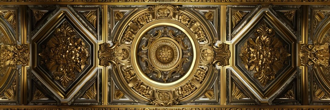 Abstract ornamental vintage aesthetics marble framed wall hanging, in the style of intricate frescoes ceiling design. Luxurious baroque style patchwork patterns. Decorative borders with gold.