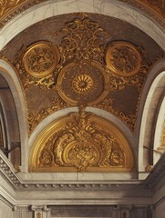 Obraz premium Abstract ornamental vintage aesthetics marble framed wall hanging, in the style of intricate frescoes ceiling design. Luxurious baroque style patchwork patterns. Decorative borders with gold.