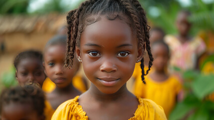 African girl at primary school Cute black kid in countryside looking at camera while with classmates in school,generative ai - obrazy, fototapety, plakaty