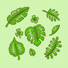 Cute Leaves Monstera Collection Cartoon Vector Icon Illustration Nature Object Icon Isolated Flat