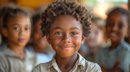 African boy at primary school Cute black kid in countryside looking at camera while with classmates...