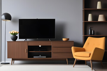 Modern TV on cabinet, armchair and lamps indoors. Interior design. Modern living room
