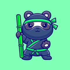 Cute Panda Ninja Holding Bamboo Stick Cartoon Vector Icon Illustration Animal Holiday Isolated Flat