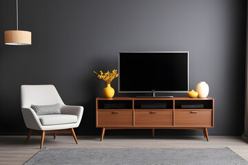 Modern TV on cabinet, armchair and lamps indoors. Interior design