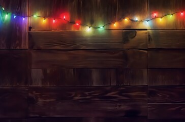 Christmas decorative lights. Christmas garland lights on wood. Colorful Xmas light bulbs on wooden table with copy space