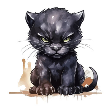 cartoon angry black panther in watercolor painting style