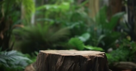 Wood tabletop counter podium floor in outdoors tropical garden forest blurred green blue leaf plant nature background