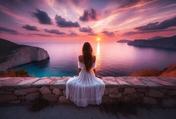 a girl in a white dress sitting on a parapet overlooking the sea - obrazy, fototapety, plakaty