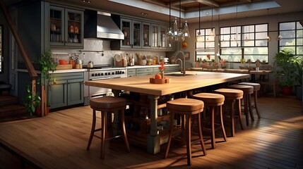 Fototapeta na wymiar A spacious kitchen with a central island doubling as a dining table, surrounded by bar stools