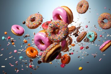 A bunch of donuts that are flying in the air. Mix of multicolored doughnuts, flying doughnuts scene mix of multicolored sweet donuts. Ai generated
