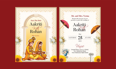 Traditional Royal Wedding Invitation card design with bride and groom illustration in Yellow
