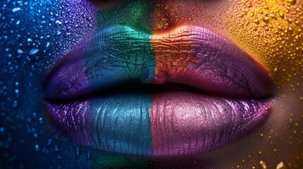 Spectrum Kiss: A Close-Up of Vibrant Rainbow-Colored Lips Glistening with Dew