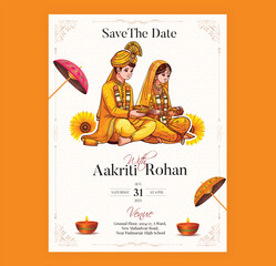 Traditional Royal Wedding Invitation card design with bride and groom illustration in Yellow