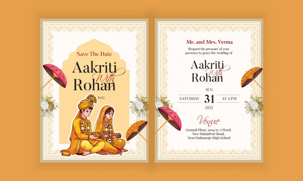 Traditional Royal Wedding Invitation card design with bride and groom illustration in Yellow