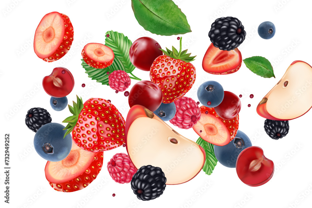 Aufkleber mix berries fruits splashing of tropical fruits isolated on white background. realistic vector in 3d