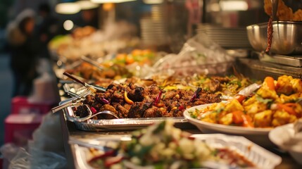 Fried chicken on the counter of a street food market in Bangkok, Thailand