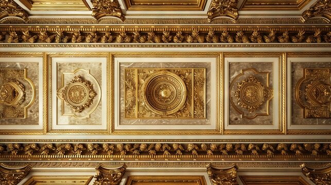 Abstract ornamental vintage aesthetics marble framed wall hanging, in the style of intricate frescoes ceiling design. Luxurious baroque style patchwork patterns. Decorative borders with gold.