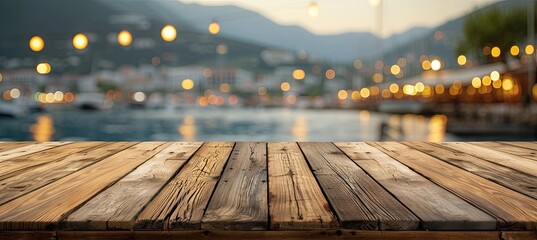 Rustic wooden surface set against blurred backdrop of picturesque harbor capturing essence of coastal escape is perfect for showcasing products with nautical theme