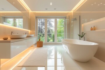 Fototapeta na wymiar Contemporary Bathroom Oasis with Golden Glow and Architectural Sophistication
