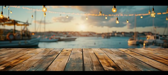 Rustic wooden surface set against blurred backdrop of picturesque harbor capturing essence of coastal escape is perfect for showcasing products with nautical theme - obrazy, fototapety, plakaty