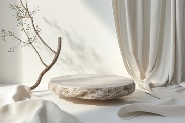 Stone Podium for promotion on white Background. Natural pedestal with tree branch. Beauty product mockup. Scene to show products. AI generative