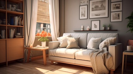 A smartly designed small living room with a convertible sofa and foldable furniture for flexibility