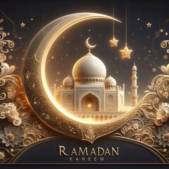 Happy Ramadan Kareem with beautiful mosque Generative Ai
