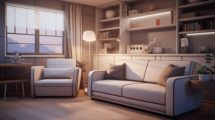 A smartly designed small living room with a convertible sofa and foldable furniture for flexibility - obrazy, fototapety, plakaty
