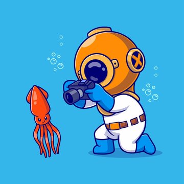 Cute Diver Taking Picture Squid With Camera Cartoon Vector Icon Illustration Science Animal Isolated
