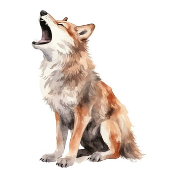 cartoon howling wolf in watercolor painting style