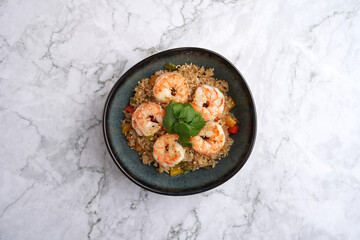 Fried rice and prawn in bowl. Spicy Shrimp Fried Rice