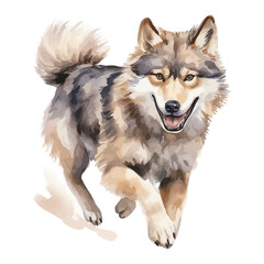 cartoon wolf walking in watercolor painting style