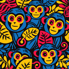 Fototapeta premium Monkey happy simple childish cartoon line art colorful repeat pattern, vibrant bright